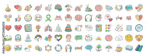 Mental health and wellness doodle icon set - Collection of hand-drawn doodle icons about mental health, mindfulness, meditation, therapy, emotions, and positive wellbeing lifestyle.
