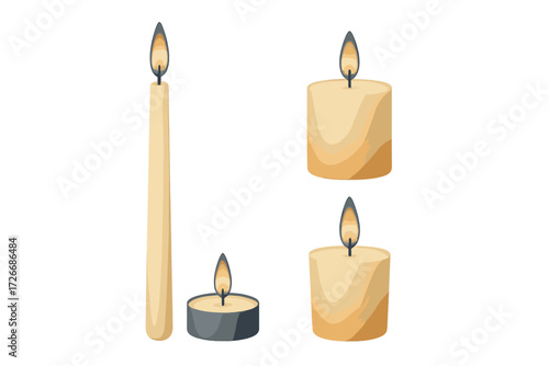 Burning wax candles including tall taper, round pillar, and small tealight with bright glowing flames