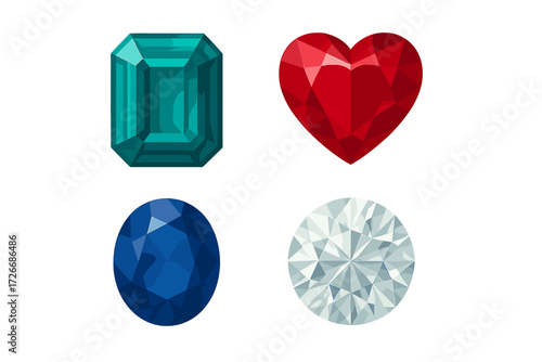 Collection of faceted gemstones in various shapes and vibrant colors including emerald, ruby, sapphire, and diamond