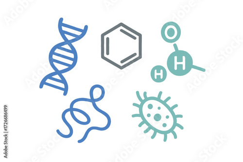 Fundamental biological and chemical structures including DNA, protein, water molecule, benzene ring, and microorganism