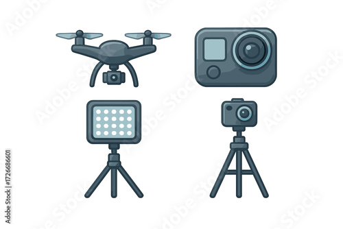 Essential modern photography and videography equipment with drone, action camera, LED light, and tripod