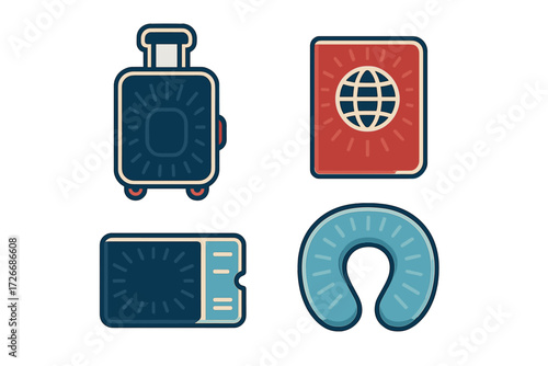 Collection of essential travel items including a rolling suitcase, an international passport, an airline ticket, and a comfortable neck pillow