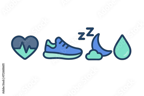 Essential healthy lifestyle elements including heart rate, physical activity, restful sleep, and proper hydration