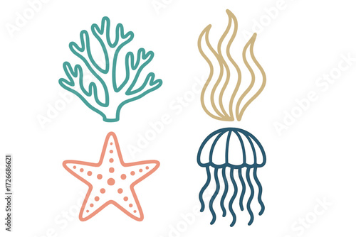 Stylized marine life elements featuring coral, seaweed, starfish, and jellyfish for ocean themed designs