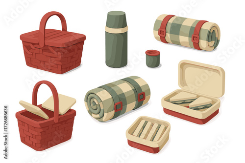 Picnic essentials set with baskets, thermos, rolled blanket, and food containers for outdoor dining