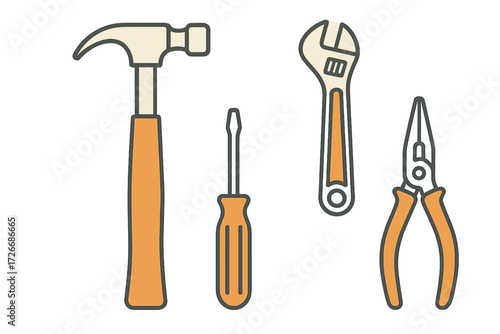 Various essential hand tools including hammer, screwdriver, wrench, and pliers for repair and construction
