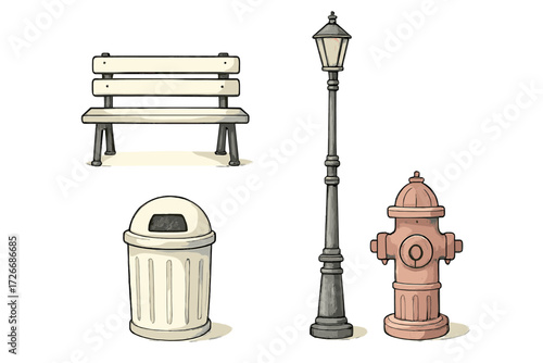 Collection of urban street furniture and public utility elements including bench lamp trash can and fire hydrant