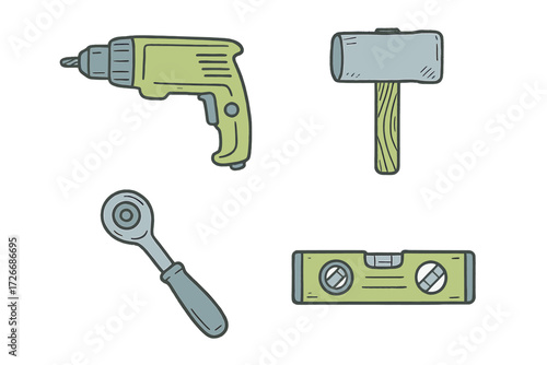 Collection of essential construction and home improvement tools including a power drill, hammer, ratchet, and spirit level