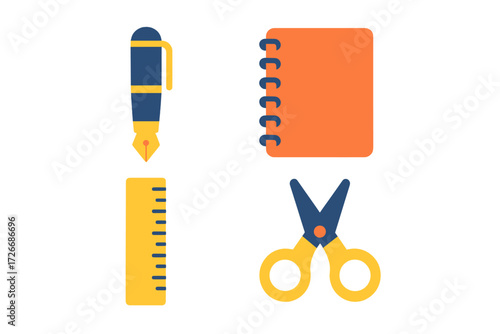 Essential school and office supplies featuring a fountain pen, spiral notebook, ruler, and scissors