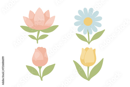Beautiful collection of delicate watercolor style spring flowers with green leaves and soft pastel hues for various design projects