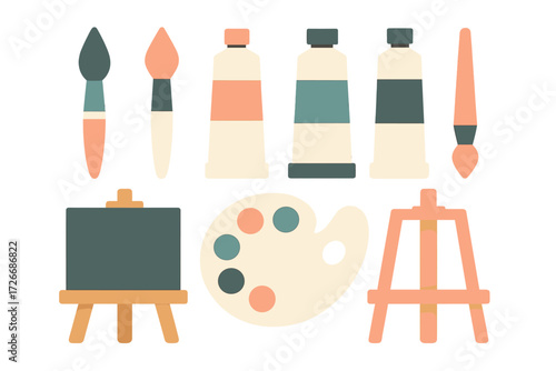 Art studio equipment collection with paint brushes, tubes, palette, easels, and blank canvas for creative projects
