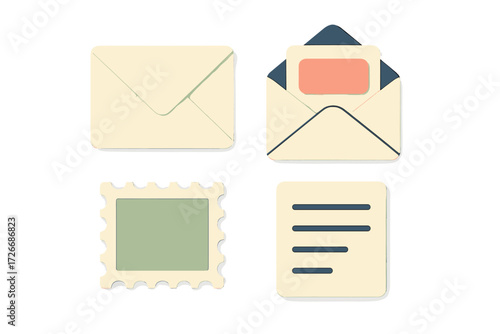 A collection of modern digital icons representing essential mail and communication concepts, including various envelopes, a postage stamp, and a document for digital correspondence