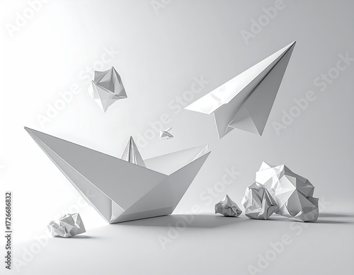 Origami ship and planes;  white on white