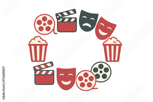 Creative circular layout of cinema and theater elements including film reels, clapperboards, popcorn, and masks