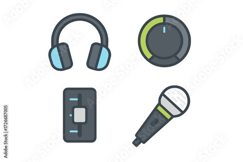 Set of audio equipment icons featuring headphones, microphone, fader, and volume control knob for sound engineering