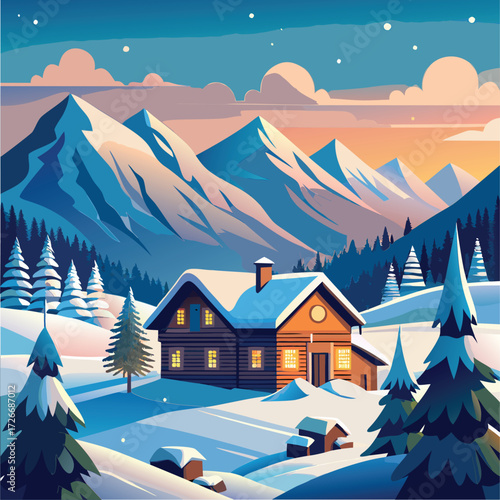 Winter mountain chalet scene