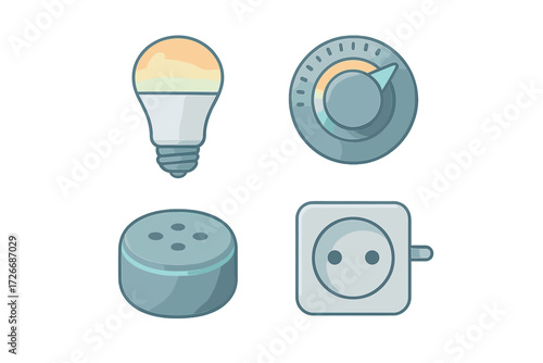 Modern smart home devices with light bulb, temperature control, voice assistant, and electrical outlet