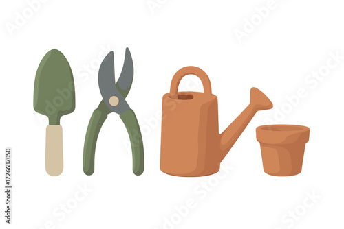 Essential gardening tools and supplies including a shovel, pruning shears, watering can, and terracotta pot on a white background