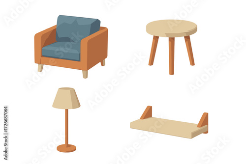Stylish home decor elements including a comfortable armchair, small side table, elegant floor lamp, and practical wall shelf