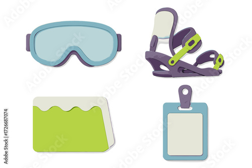 Winter sports equipment and accessories set featuring snowboard binding, protective goggles, and identification passes