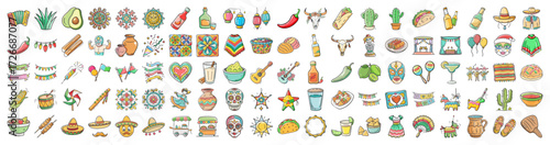 Colorful Mexican culture doodle icon collection - Hand-drawn doodle set featuring Mexican cultural icons, including food, instruments, plants, decorations, and traditional holiday symbols.
