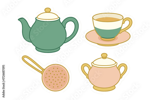 Elegant pastel colored tea set with teapot, teacup, sugar bowl, and tea strainer for beverage service