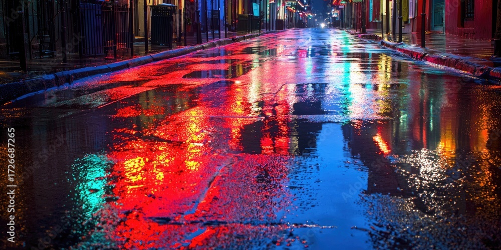 Obraz premium Neon lights reflecting on wet pavement in the French Quarter Stock photo
