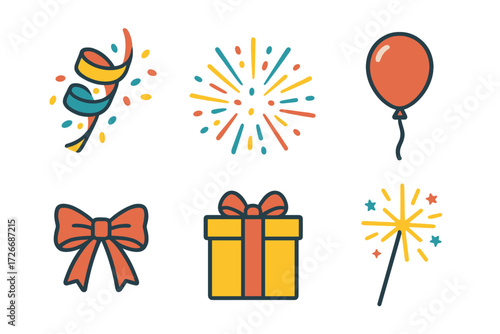 Colorful celebration party elements with confetti, festive fireworks, a red balloon, a wrapped gift, a decorative bow, and a sparkling sparkler