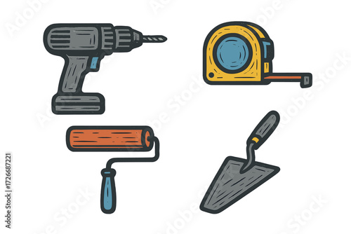 Essential construction and home improvement tools set including a cordless drill, measuring tape, paint roller, and masonry trowel