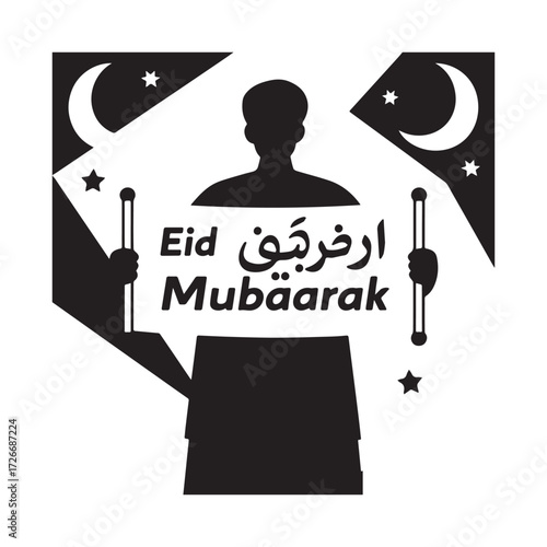 Silhouette Person Holding Eid Mubarak Banner with Crescents and Stars.