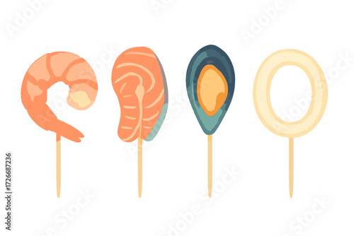 Gourmet seafood appetizers with shrimp, salmon, mussel, and calamari rings served on decorative sticks