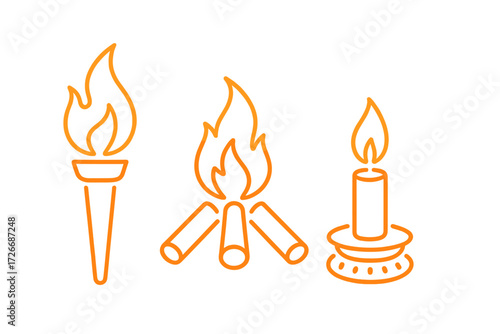 Set of outline icons depicting different sources of light and fire such as a burning torch a cozy campfire and a lit candle