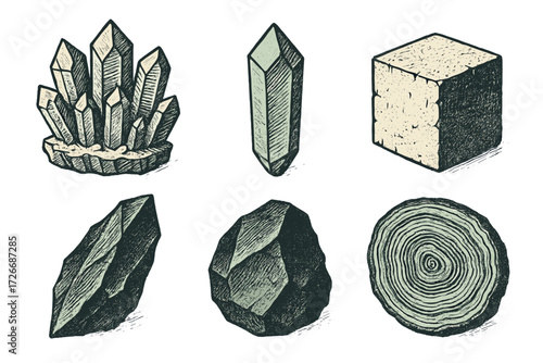 Natural geological elements collection featuring crystals, rough stones, and a detailed tree ring cross-section