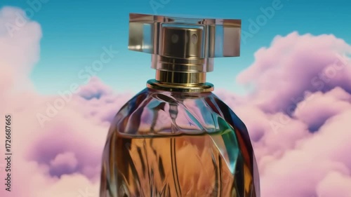 Glass perfume bottle with clear sky and colorful clouds background.