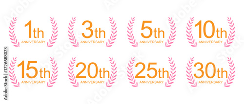 ピンクの周年記念デザインセット（1周年, 3周年, 5周年, 10周年, 15周年, 20周年, 25周年, 30周年）