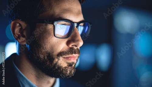 Wallpaper Mural A man wearing glasses concentrating on a monitor in a dark room Torontodigital.ca