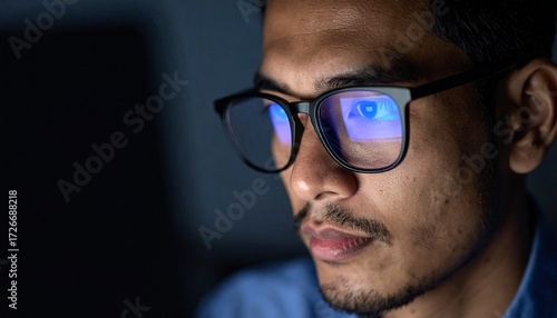 Wallpaper Mural A man wearing glasses concentrating on a monitor in a dark room Torontodigital.ca
