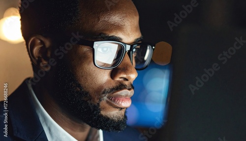 Wallpaper Mural A man wearing glasses concentrating on a monitor in a dark room Torontodigital.ca