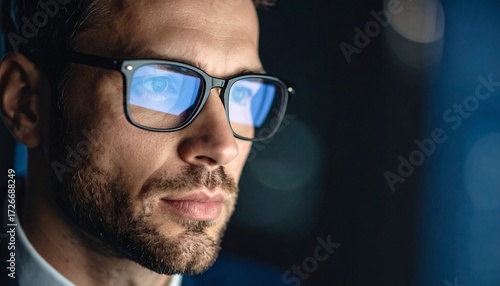 Wallpaper Mural A man wearing glasses concentrating on a monitor in a dark room Torontodigital.ca