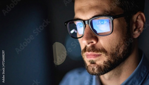 Wallpaper Mural A man wearing glasses concentrating on a monitor in a dark room Torontodigital.ca