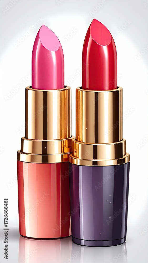 Fototapeta premium Two vibrant lipsticks, pink and red, presented in gold-toned containers