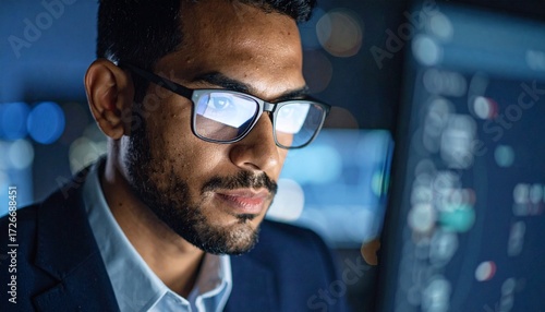 Wallpaper Mural A man wearing glasses concentrating on a monitor in a dark room Torontodigital.ca