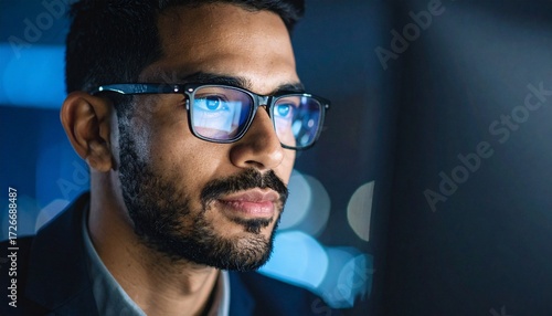 Wallpaper Mural A man wearing glasses concentrating on a monitor in a dark room Torontodigital.ca