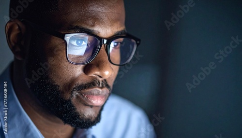 Wallpaper Mural A man wearing glasses concentrating on a monitor in a dark room Torontodigital.ca