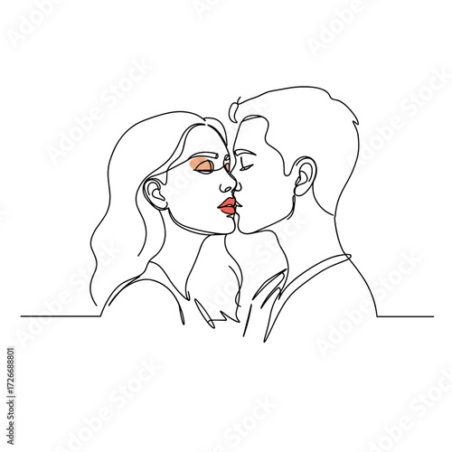 Line drawing of couple kissing with passionate expressions  