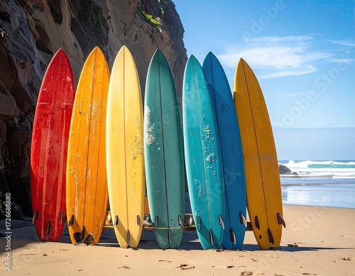 Colorful Surfboards on Sandy Beach near Ocean Cliffs