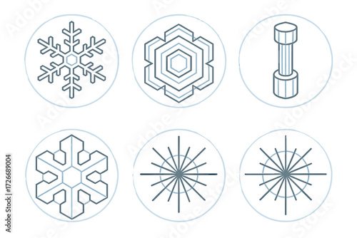 Abstract geometric snowflake and star designs with a distinct cylindrical element in minimalist line art style