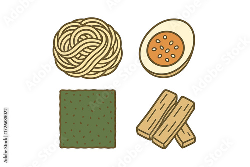 Assortment of popular Asian food elements such as ramen noodles, a halved egg, dried seaweed, and vegetable sticks