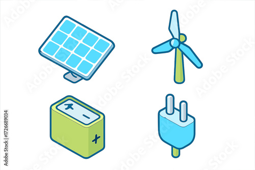 Green energy sources and power supply elements like solar panel, wind turbine, battery, electrical plug