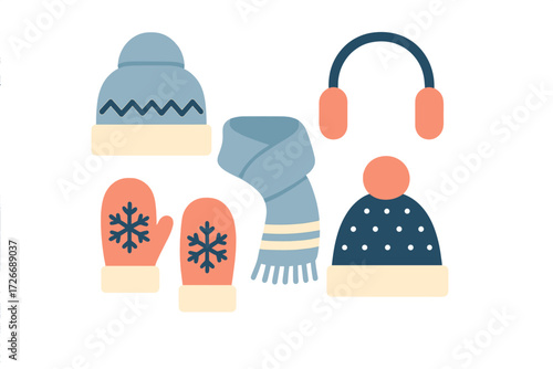 Cozy winter clothing accessories set with knitted hats mittens scarf and earmuffs for cold weather protection